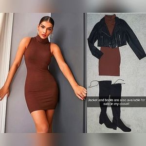 Chocolate Sleeveless Mock Neck Bodycon Dress - Stretchy!!